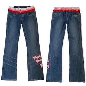Pepe London Seventy 3 red, white, & pink waist bootcut embroidered jeans